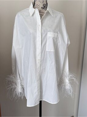 J.Crew Feather Trim Button Down Shirt White Cotton Statement Blouse Size 16